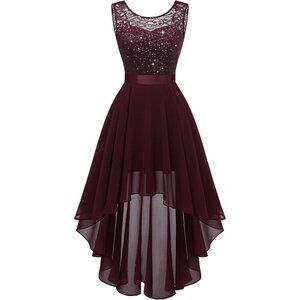 BeryLove Women Burgundy Sequin Chiffon Scoop Neck Sleeveless Lace Cocktail Dress